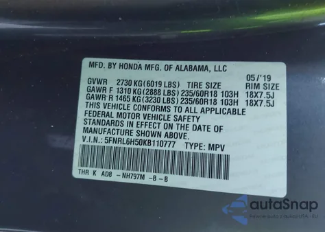 2019 Honda Odyssey Ex z USA, uszkodzony, nr VIN 5FNRL6H50KB110777